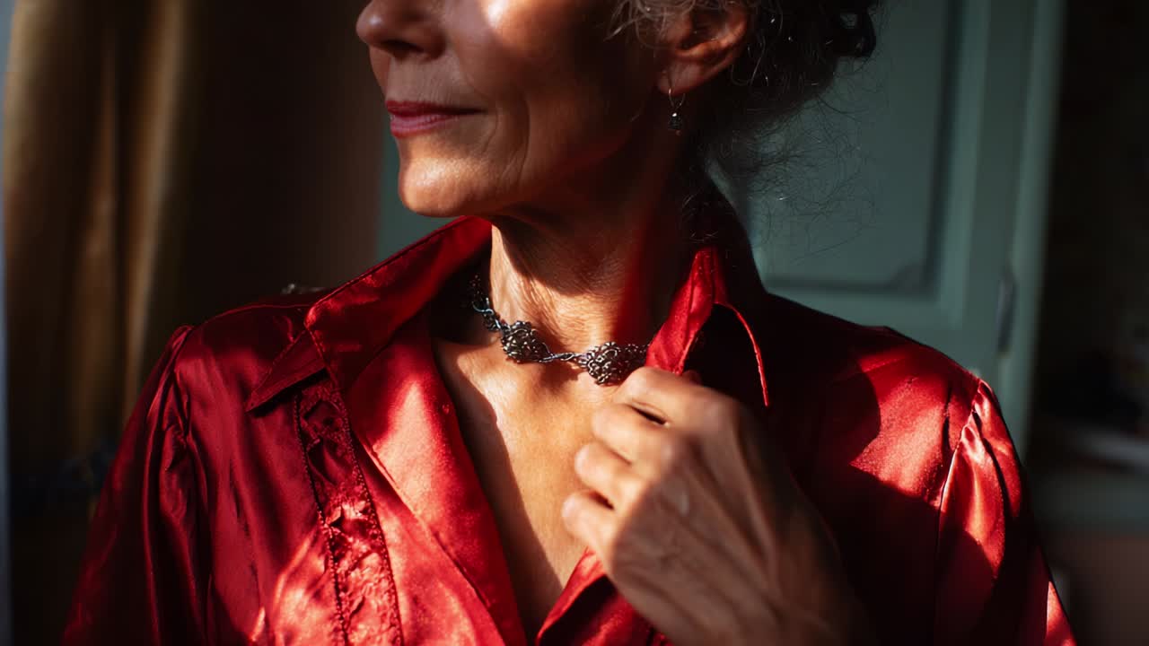 A Graceful Portrait of a Woman with Radiant Skin and a Stylish Red Blouse Highlighted by Soft Natural Light, Showcasing Her Elegance and Timeless Beauty