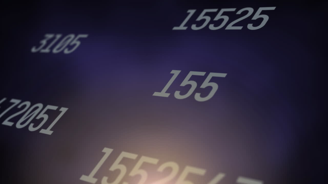 animación digital de múltiples números cambiantes contra un fondo de gradiente azul y púrpura