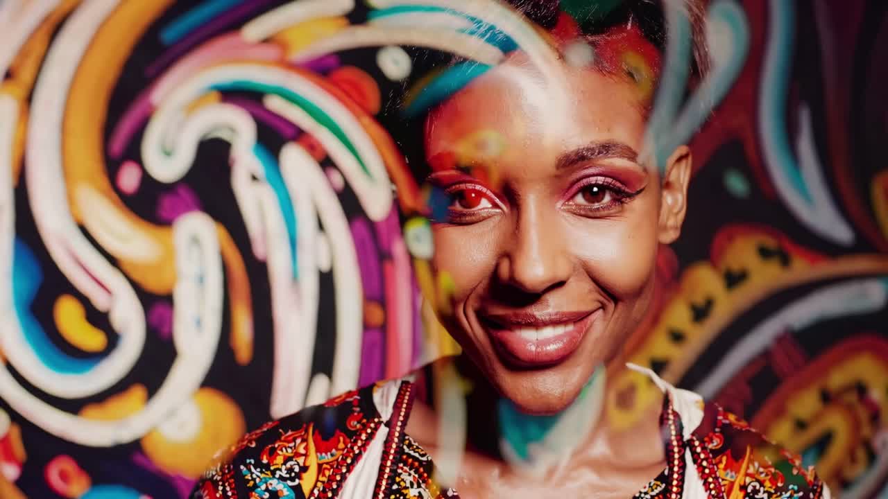 Vibrant video portrait of a smiling person in colorful attire, captured from a slightly low angle