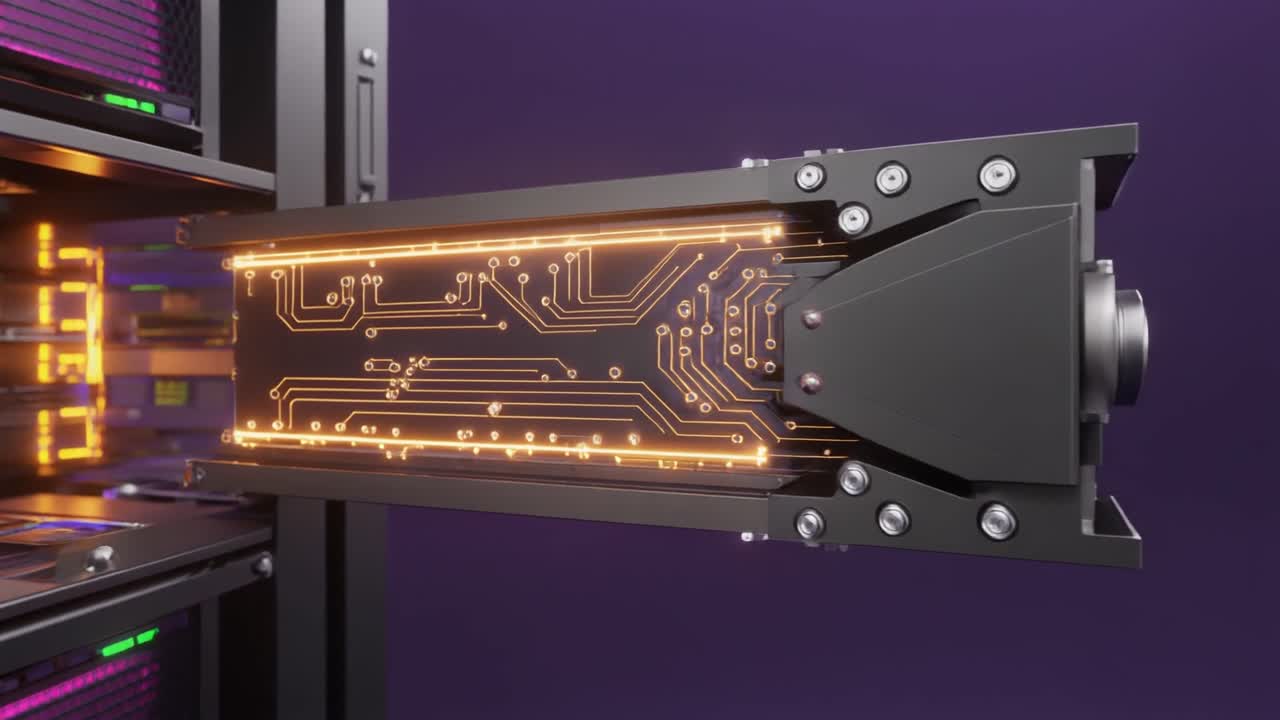 Futuristic Server Blade with Glowing Circuit Board Pulled from Rack