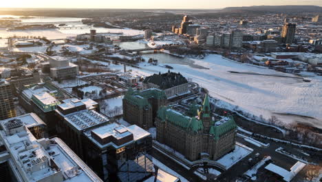 winter establishing shot of supreme court of canada ottawa skyline