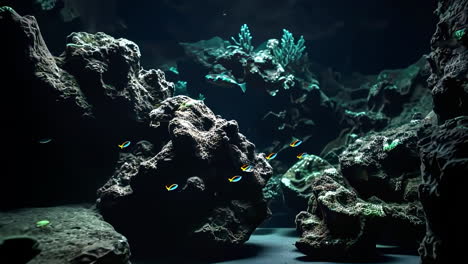 vibrant fish swim among dark coral reef formations