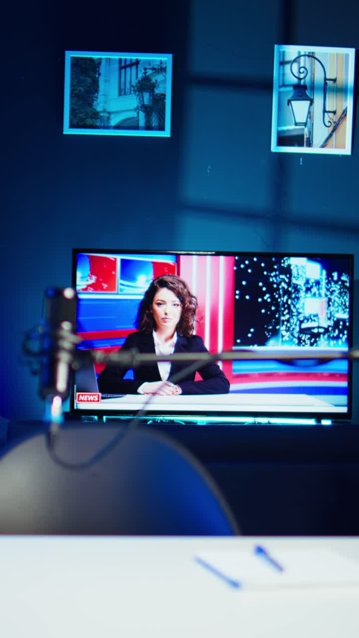 Vertical video TV screen showing news broadcast and recording mic in home studio