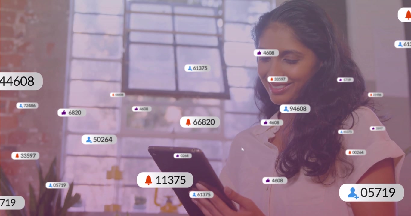woman lifting tablet and tapping causing floating badges multiplying into six figures in marketing