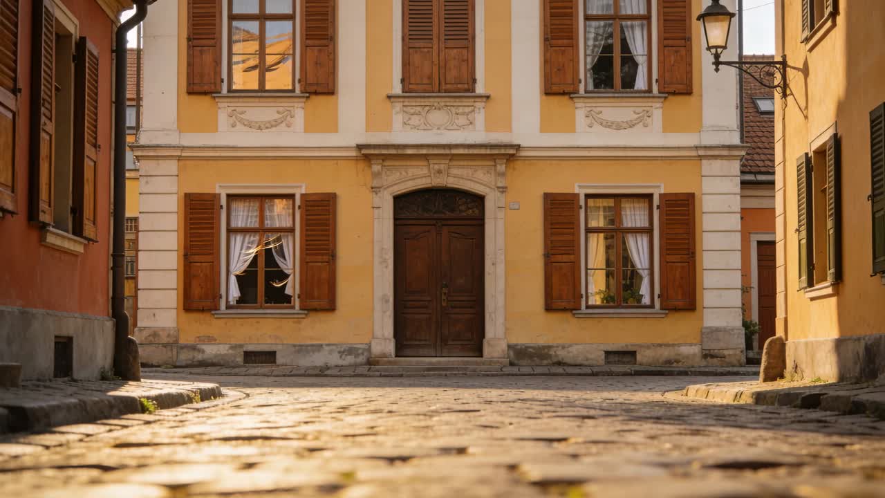 La telecamera inizia ad avanzare lungo una strada lastricata in ciottoli, mostrando una porta in legno e persiane che si muovono.