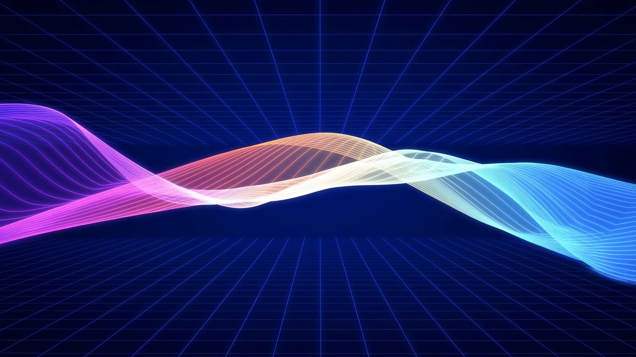 Layered luminous lines rise, dip and overlap from left to right as flowing wave forms subtly change shape above a dark blue grid, creating depth through bright color transitions and curved motion.