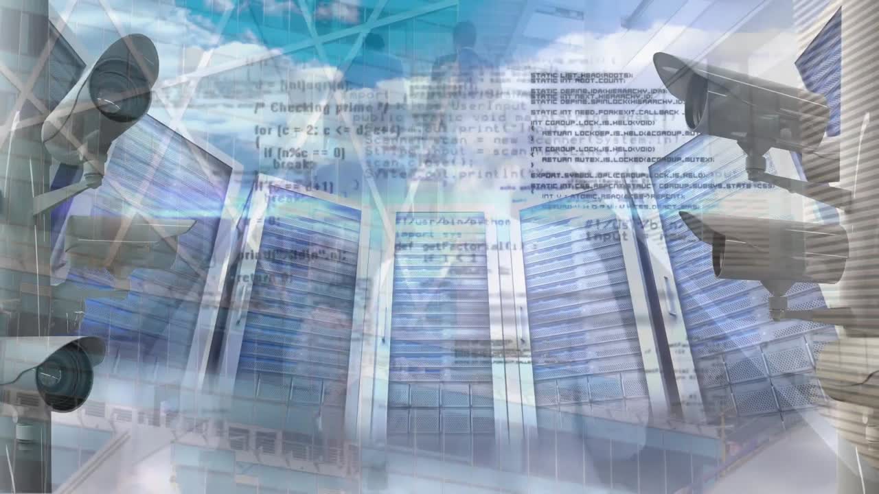 카메라와 컴퓨터 서버를 통해 데이터 처리의 애니메이션