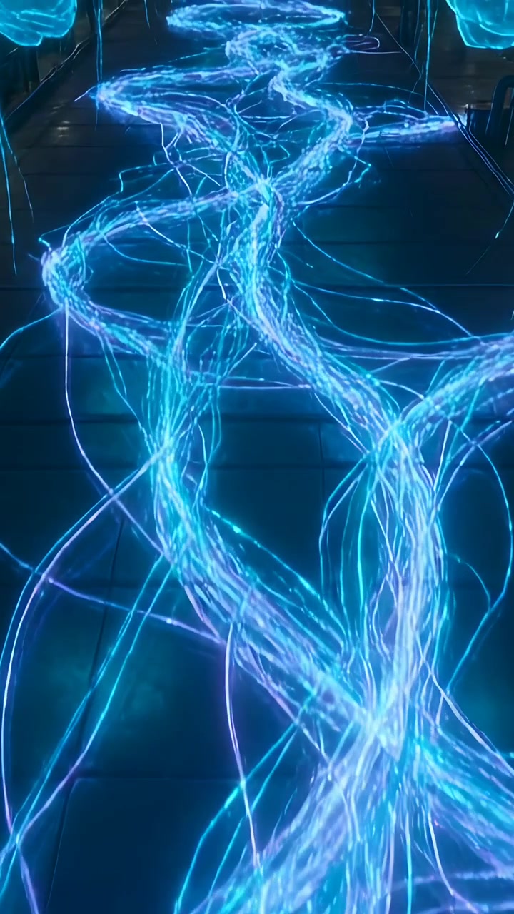 Vertical video: Camera pulling back showing braided strands flowing between cloud forms toward exit