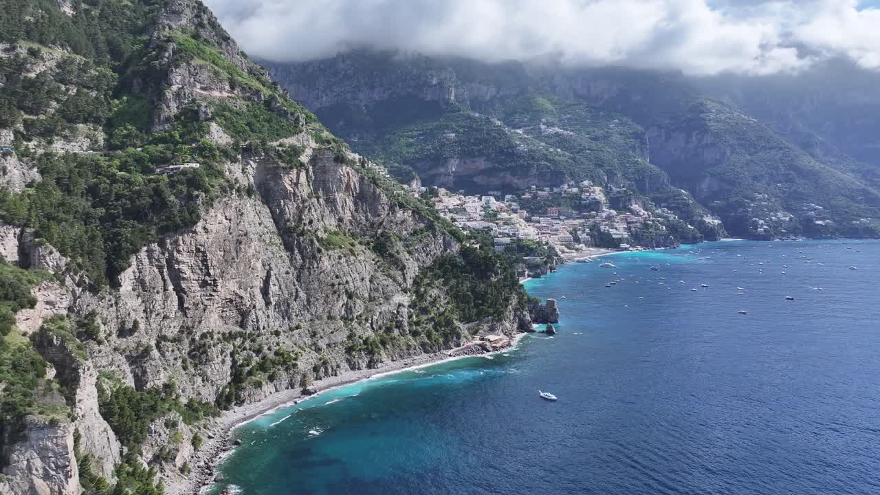 Amalfi Coast At Positano In Salerno Italy. Beach Landscape. Giant Cliffs Scene. Amalfi Coast At Positano In Salerno Italy. Medieval City Skyline. Gulf Of Salerno Mediterranean Sea. Beach Skyline