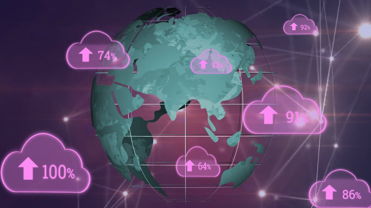 Animation of global map with pink cloud icons displaying data upload percentages