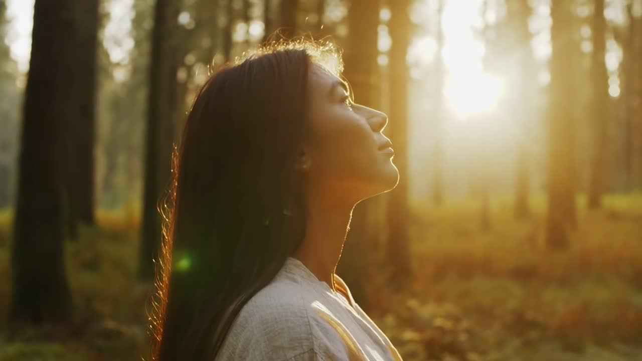 Perfil lateral de una mujer en un bosque iluminado por el sol, capturado a la altura de los ojos, que evoca un ambiente de vídeo sereno