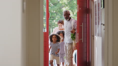 Großeltern-Mit-Enkelkindern-Kehren-Mit-Einkaufstüten-Vom-Einkaufsbummel-Nach-Hause-Zurück