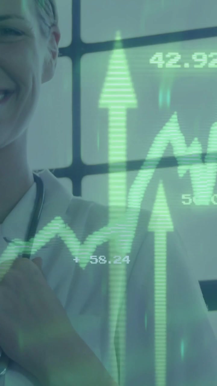 Video verticale: Medico che sistema lo stetoscopio mentre un movimento di allontanamento rivela un grafico verde con dati medici in aumento.