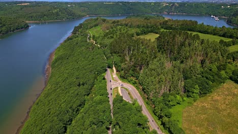 aulne maritime river landscape on drone view surrounded by dense forested area near the belvédère de térénez, france