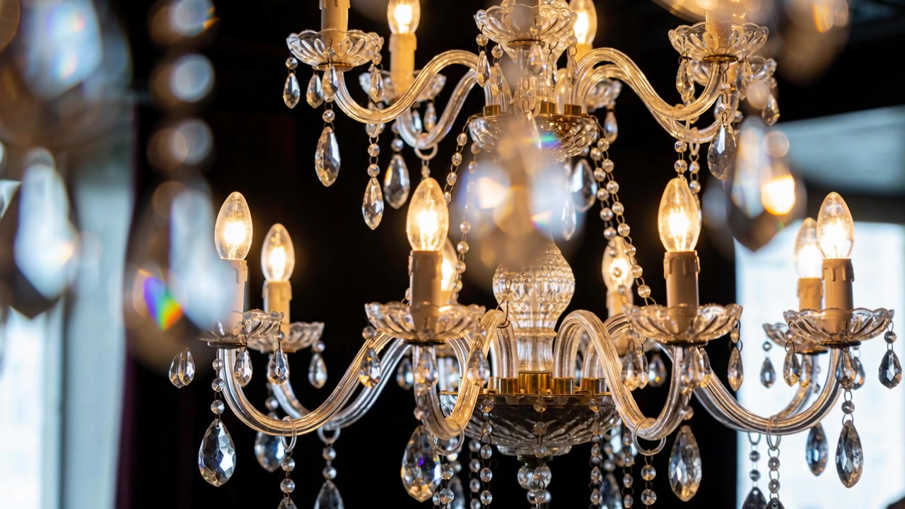 Lampadario di cristallo rifrangente che si sposta mentre la messa a fuoco della telecamera si muove in sala da pranzo, mostrando i pendenti a goccia.