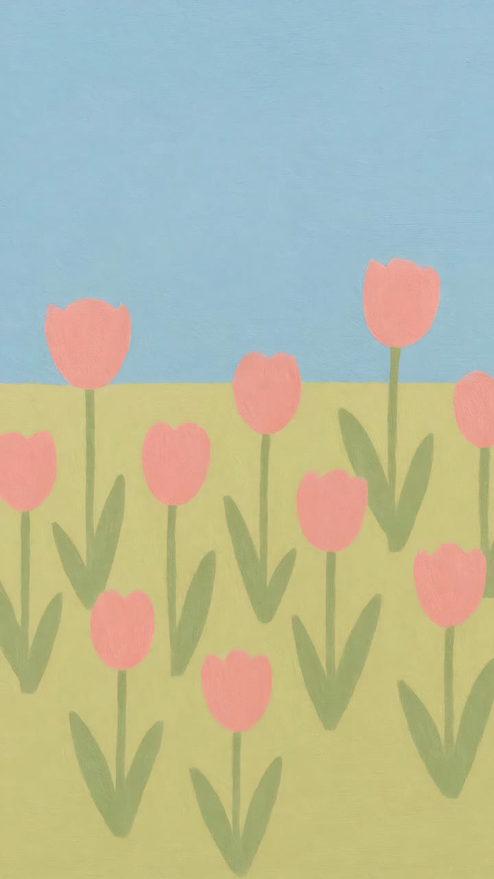 Whimsical video concept with a flat, pastel illustration of tulips against a blue sky