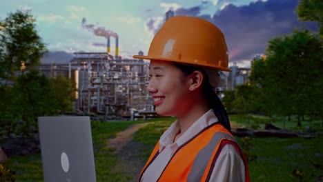 close up side view of asian female engineer with safety helmet working on a laptop and looking around while standing in front of oil refinery