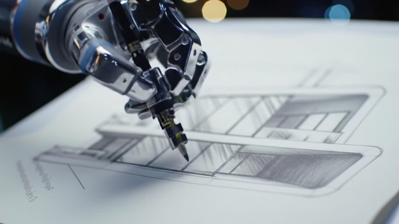 A Close-Up of a Robotic Arm Skillfully Sketching Architectural Designs on Paper, Demonstrating the Fusion of Technology and Art in the Modern Design Process