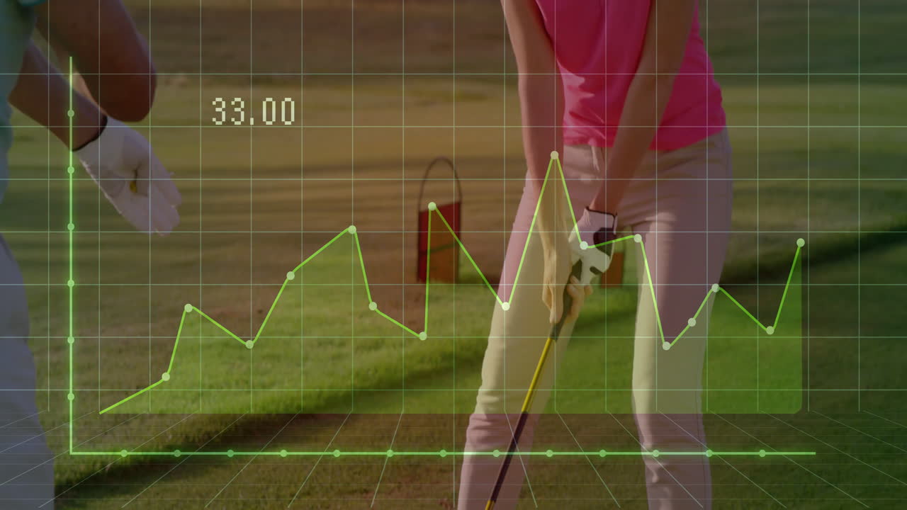Swinging golf club, golfer with data graph animation overlay on field