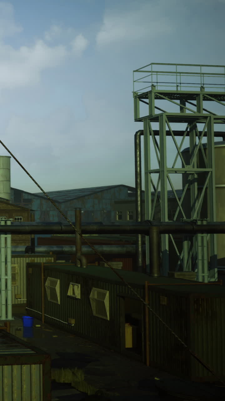 Complejo industrial al anochecer con altas chimeneas y nubes en el cielo