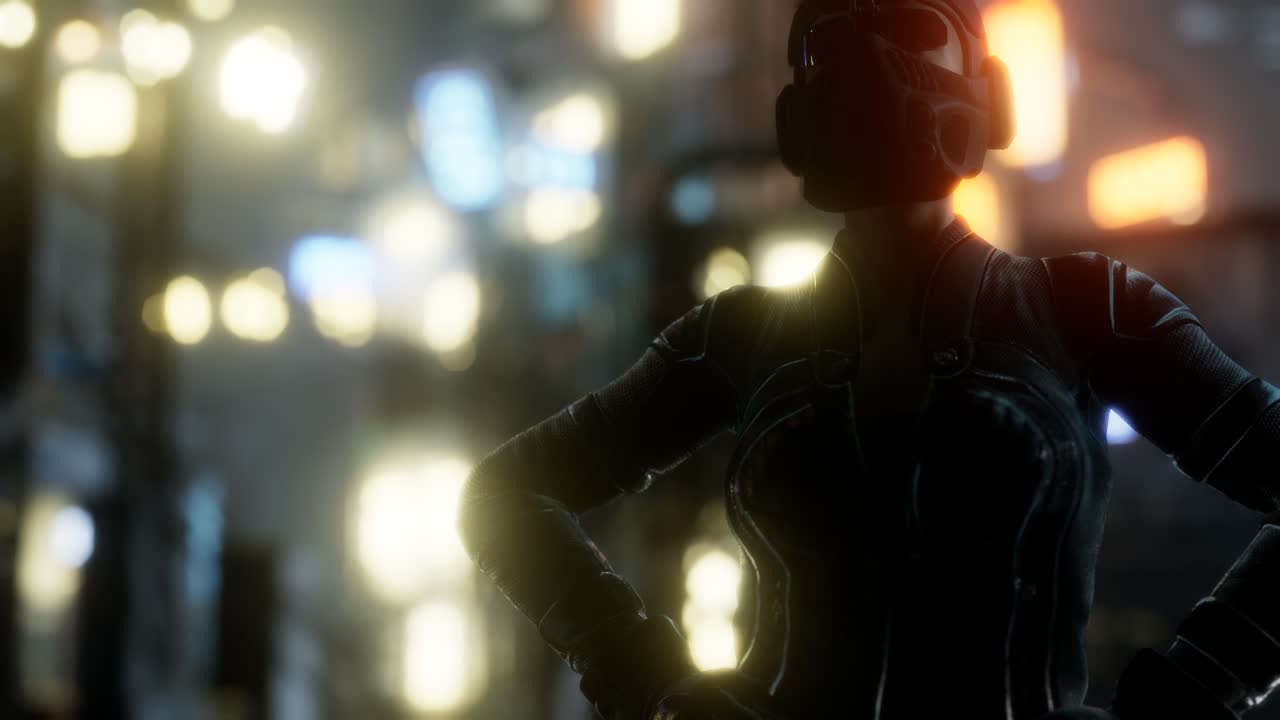 Giovane donna futuristica in stile cyberpunk con luci bokeh al neon