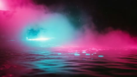 a stunning showcase of ethereal waterscape with vibrant pink and blue hues bathed in mystical fog, creating a dreamlike atmosphere at night