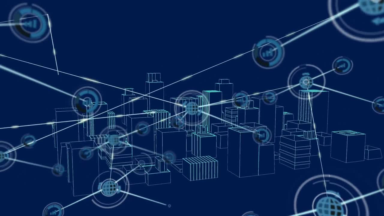 Digital animation of network of connections against 3d city model spinning on blue background