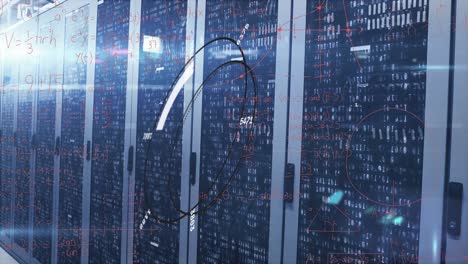 animation of loading circles, numbers, mathematical equation, binary codes on data server racks