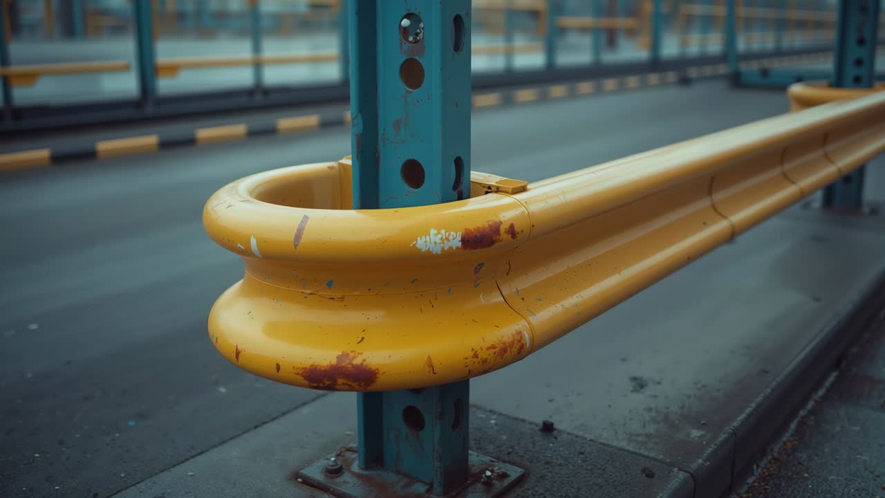 Camera opening focusing yellow barrier wrapping green post on concrete floor, revealing rust spots