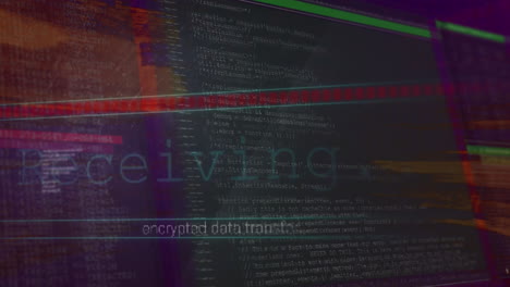 animation of multiple texts and loading bar over computer language against abstract background