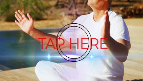 Meditating by water, person with red circle text overlay reading Tap Here