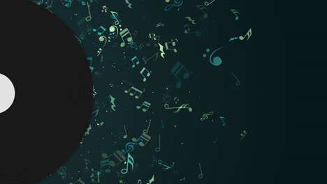 flying musical notes on dark green background with vinyl record. looped animated frame. nightclub music wallpaper.