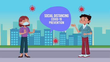 pareja con distanciamiento social mensaje de prevención de covid-19 en la ciudad