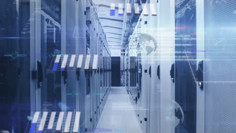animación del procesamiento de datos estadísticos y puntos de luz contra la sala de servidores de computadoras