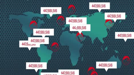 Animación-De-Rostros-Humanos-Volando-Y-Números-En-Bocadillos-Blancos-Sobre-El-Mapa-Mundial.