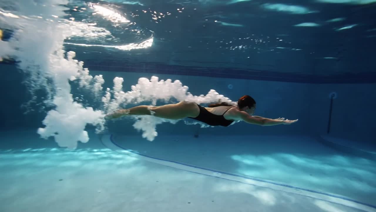Donna in costume da bagno nero che si tuffa a capofitto e scivola sott'acqua oltre i gradini della piscina e il segnale a muro.