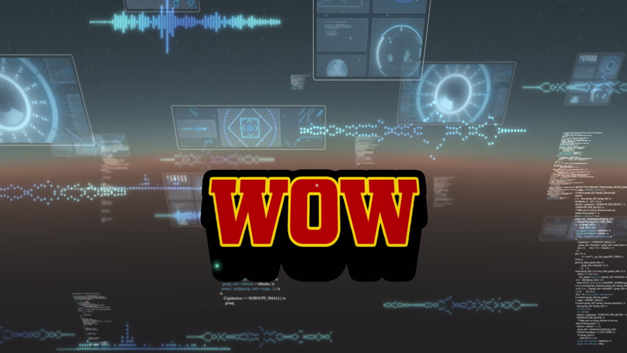 검은 바탕에 와우 텍스트와 데이터 처리의 애니메이션