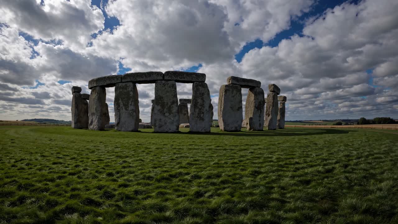 Wide-angle video shot of Stonehenge under a dramatic cloudy sky, capturing the ancient monument's