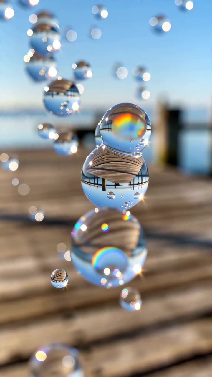Sequenza che progredisce nel tempo che mostra goccioline d'acqua limpide che scendono da quasi l'inizio a quasi la fine sopra una passerella di legno stagionata e un molo costiero.