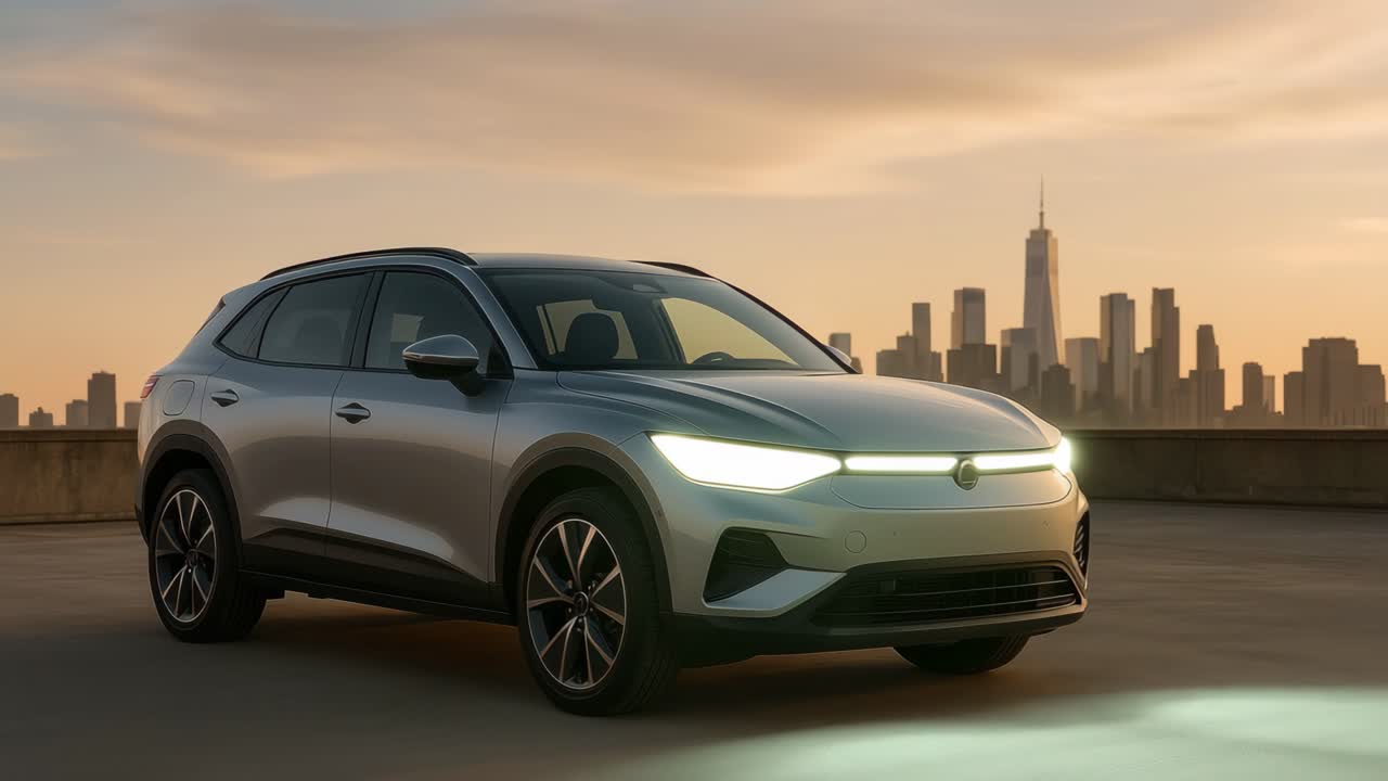 Sleek SUV in sunset cityscape, captured from a low angle. Modern design and urban vibe suggest