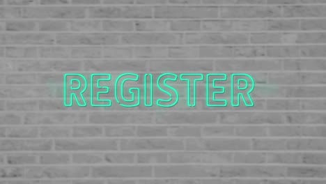 animation of blue neon text, register, on grey brick wall background