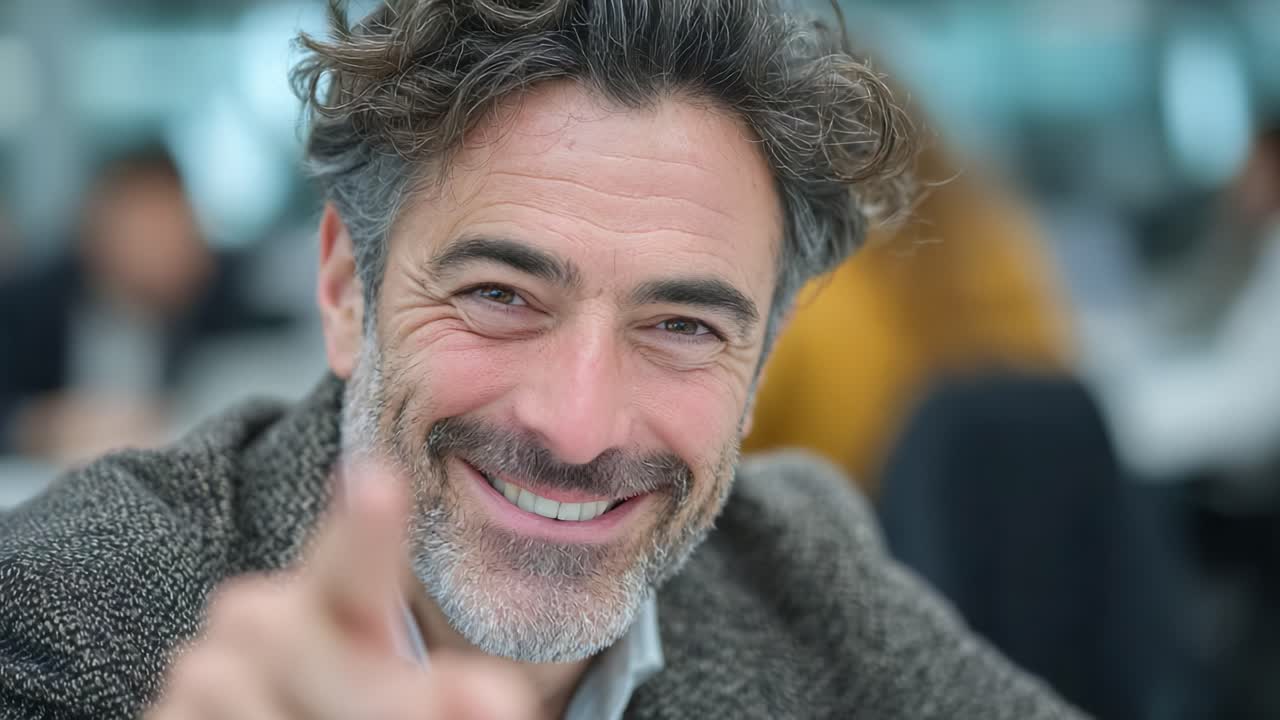 A Confident Smile: Capturing the Charismatic Gaze of a Man Exuding Joy and Warmth in a Professional Setting