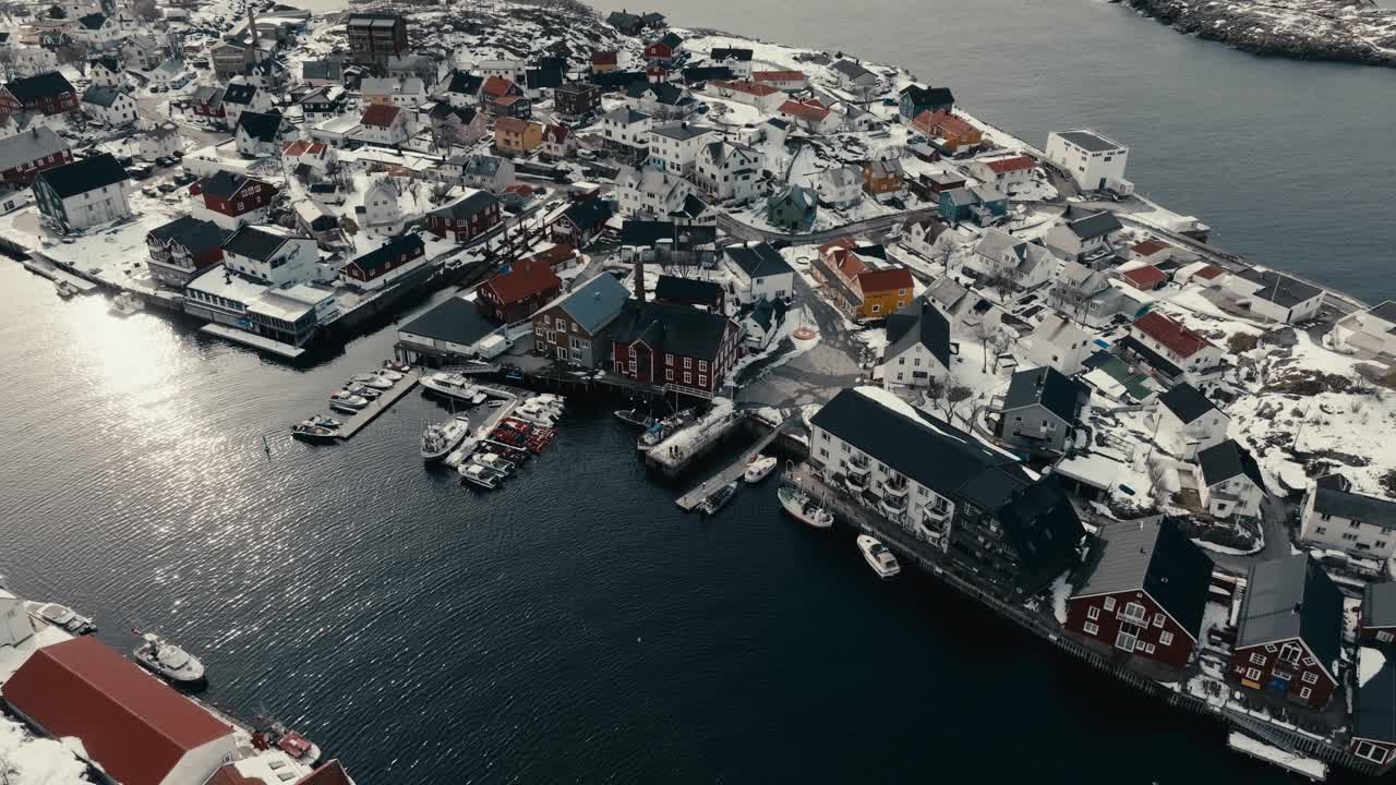Henningsvaer Fishing Village During Winter In Lofoten Islands, Nordland, Norway. - aerial shot