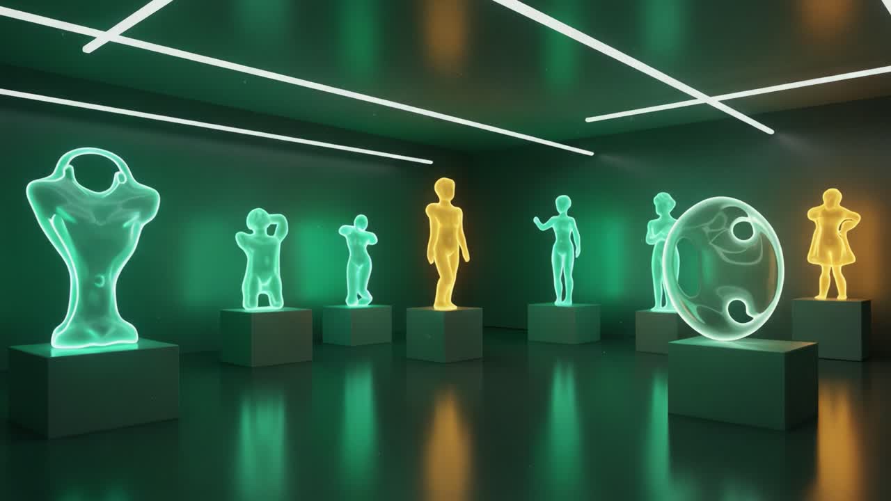 A Visually Striking Exhibition of Luminous Sculptures Featuring Colorful Neon Figures in a Modern Art Gallery Setting with Dynamic Lighting Effects