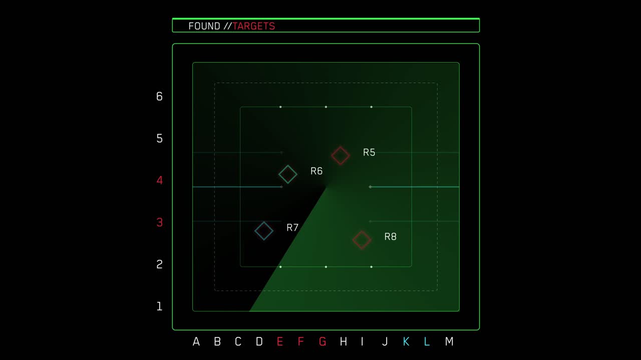 Animated futuristic radar screen with a sweeping scanner, grid, and digital markers identifying targets. Sci-fi HUD overlay for military or tech themes