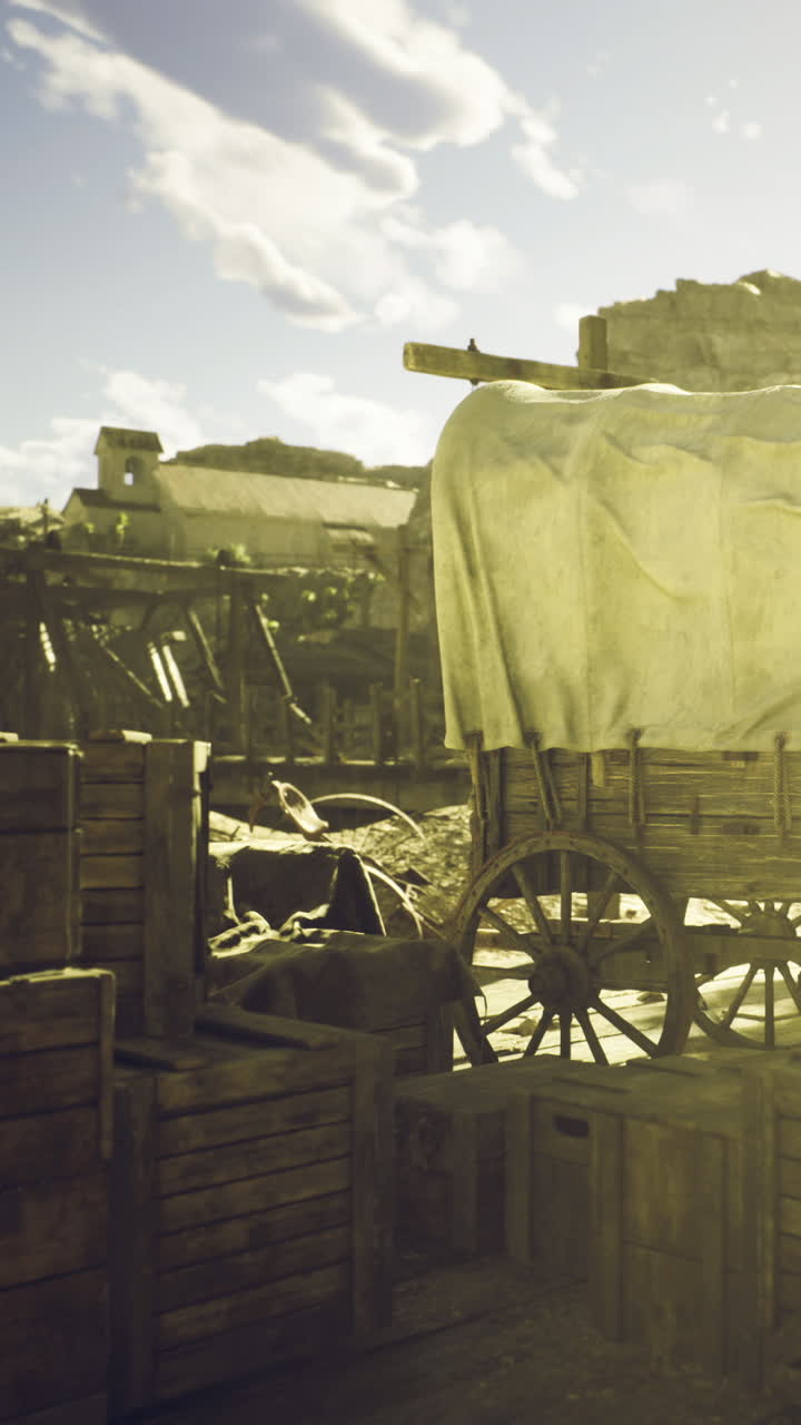 Vintage wagon awaits adventure in an old western town under bright sky