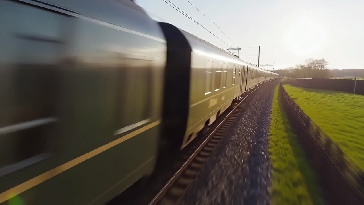 Dynamic video shot of a speeding train from a low side angle, capturing motion blur and a scenic
