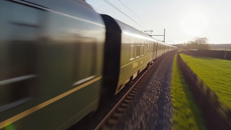 Dynamic video shot of a speeding train from a low side angle, capturing motion blur and a scenic