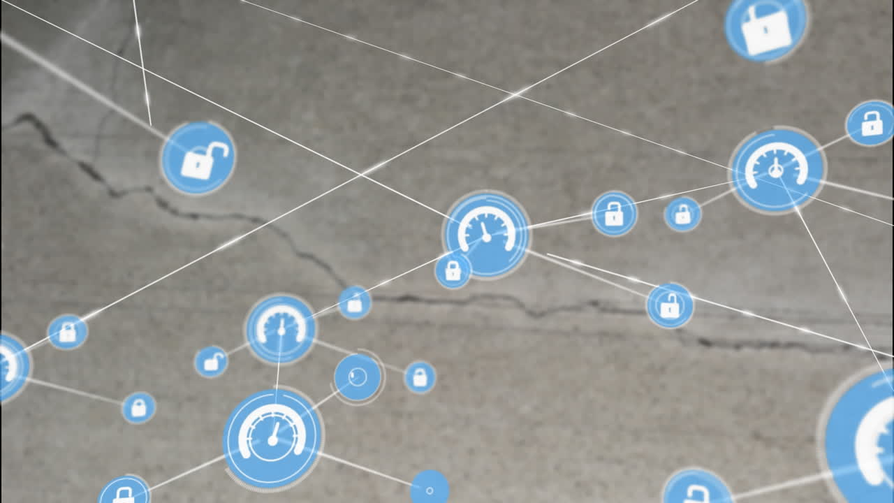 animación de la red de conexiones con iconos sobre grietas en la superficie gris.