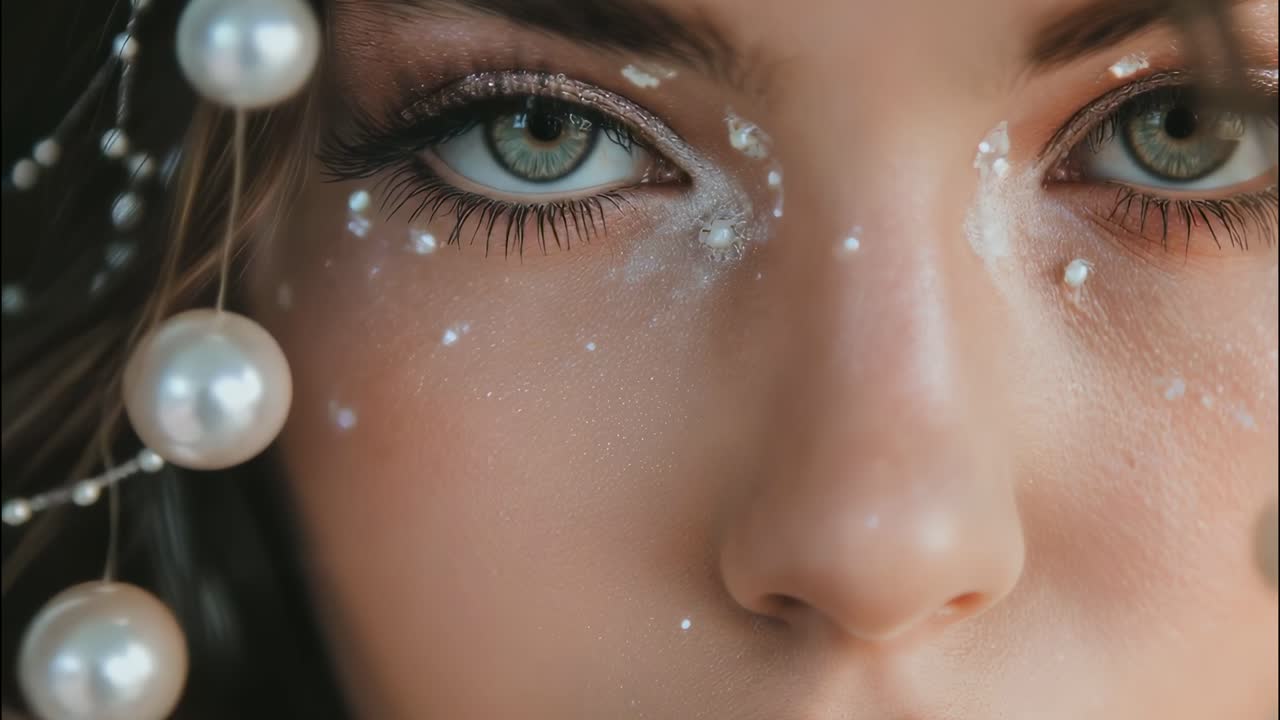 Close up beauty portrait highlighting intricate makeup design, white polka dot pattern with pearl accents, emphasizing artistic glamorous facial expression and creative styling